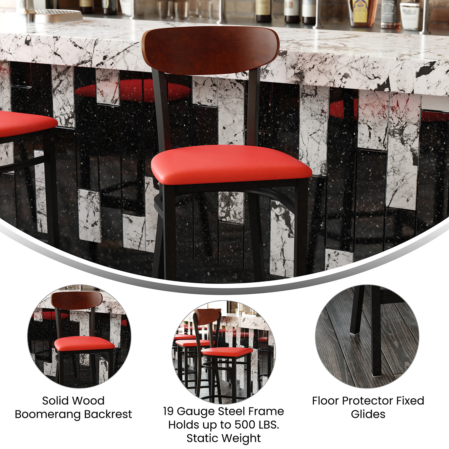 BLNK Wright Commercial Bar Stool Black Steel Frame with Walnut Finish Wooden Boomerang Back and Vinyl Seat - Red