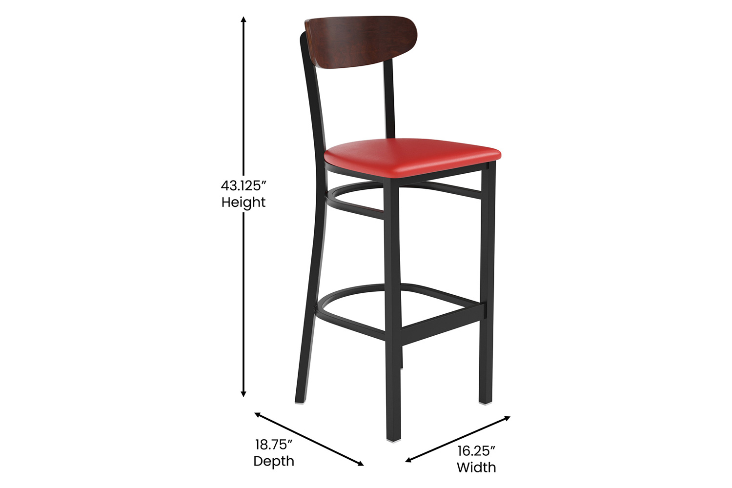 BLNK Wright Commercial Bar Stool Black Steel Frame with Walnut Finish Wooden Boomerang Back and Vinyl Seat - Red