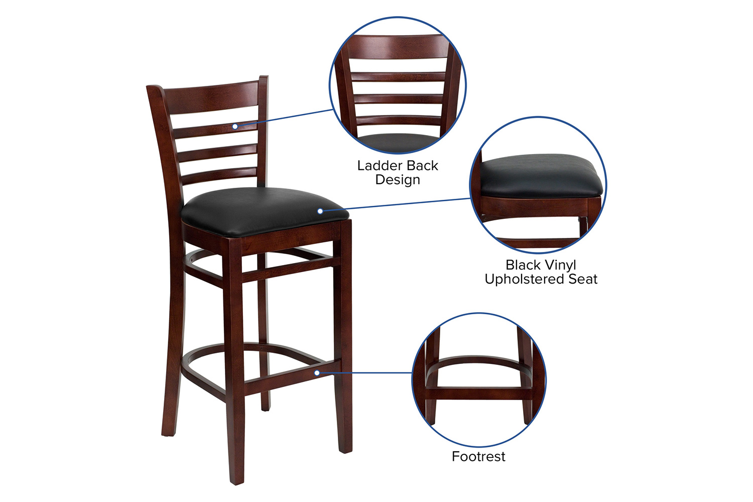 BLNK HERCULES Series Mahogany Wood Ladder Back Restaurant Bar Stool with Vinyl Seat - Black