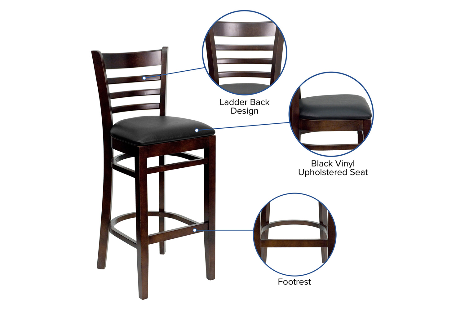 BLNK HERCULES Series Walnut Wood Ladder Back Restaurant Bar Stool with Vinyl Seat - Black