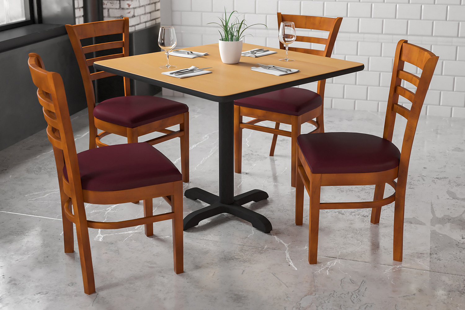 BLNK HERCULES Series Cherry Wood Ladder Back Restaurant Chair with Vinyl Seat