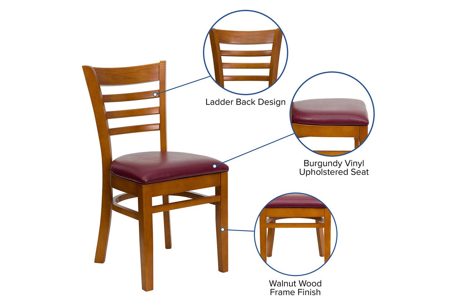 BLNK HERCULES Series Cherry Wood Ladder Back Restaurant Chair with Vinyl Seat - Burgundy