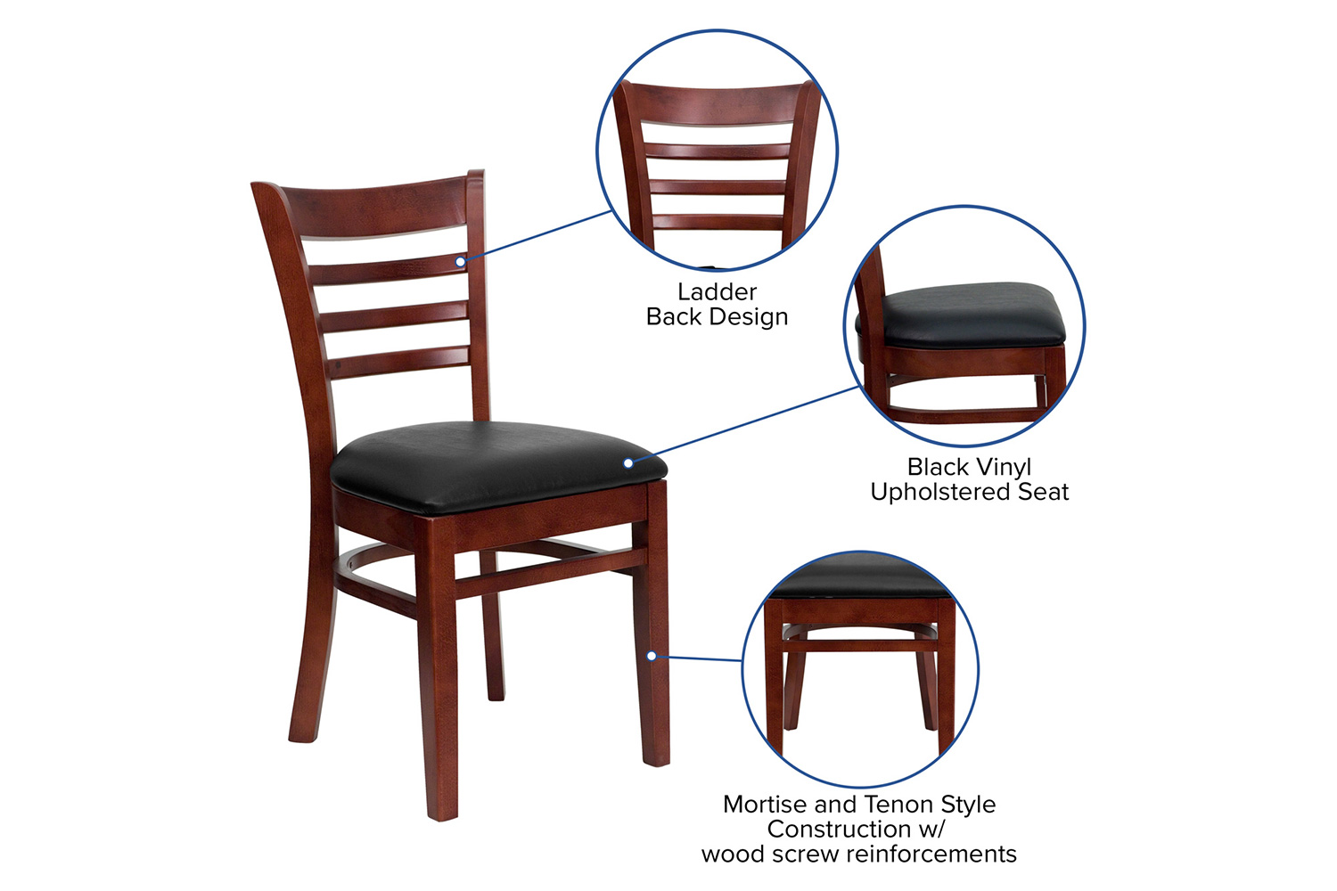 BLNK HERCULES Series Mahogany Wood Ladder Back Restaurant Chair with Vinyl Seat - Black