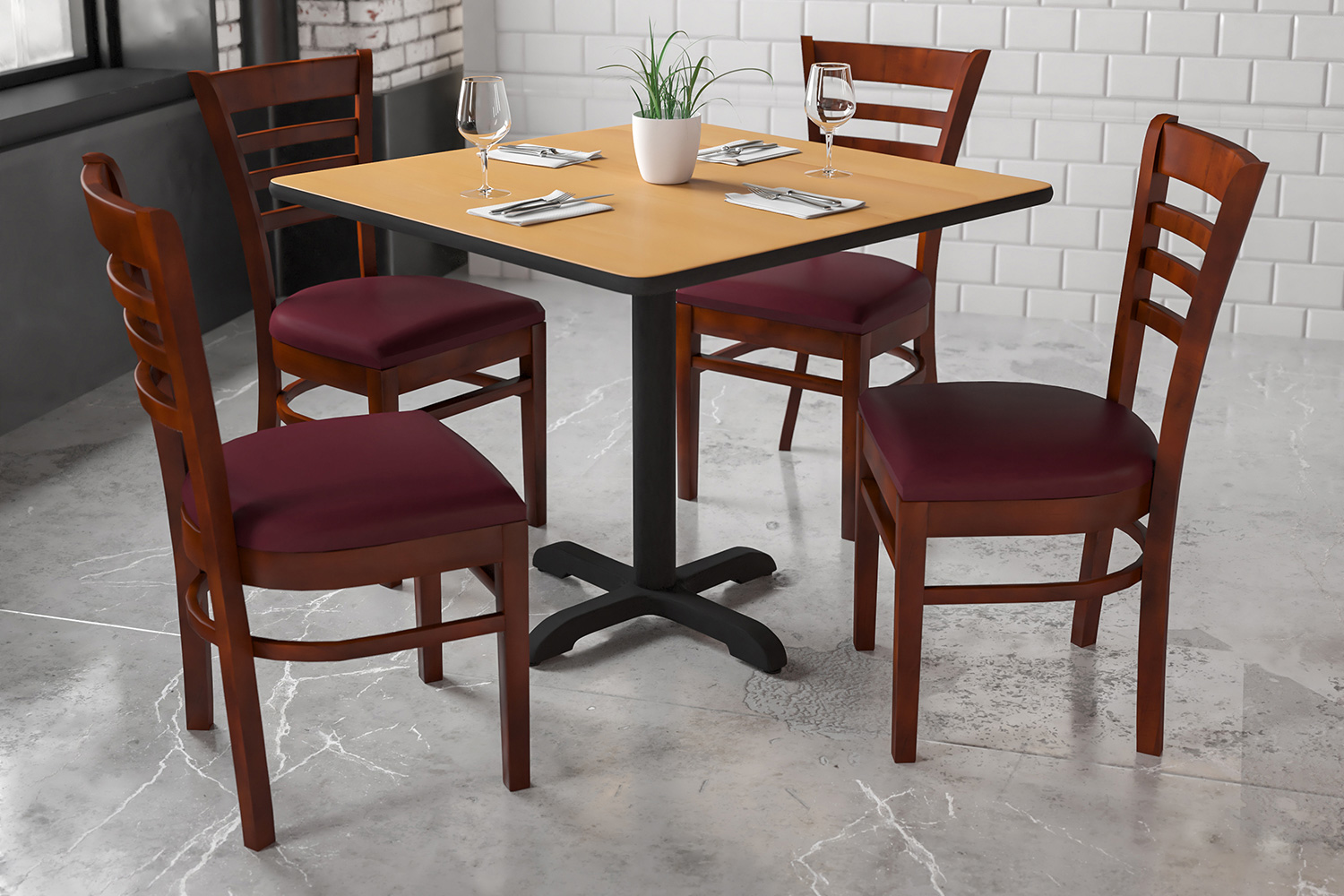 BLNK HERCULES Series Mahogany Wood Ladder Back Restaurant Chair with Vinyl Seat