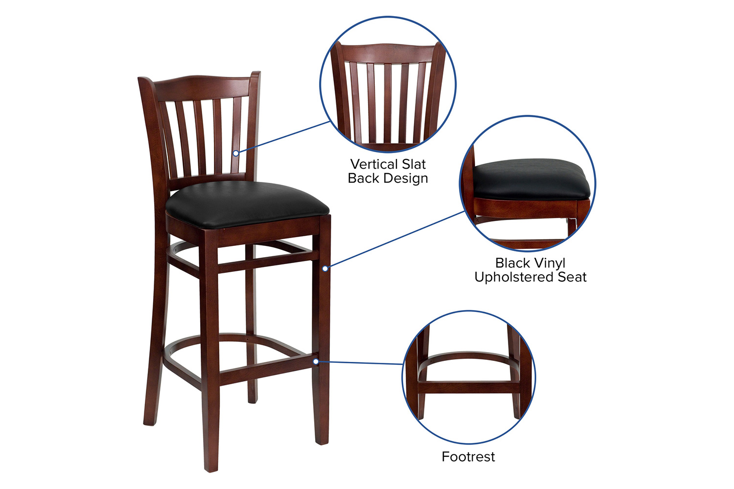 BLNK HERCULES Series Mahogany Wood Vertical Slat Back Restaurant Bar Stool with Vinyl Seat - Black