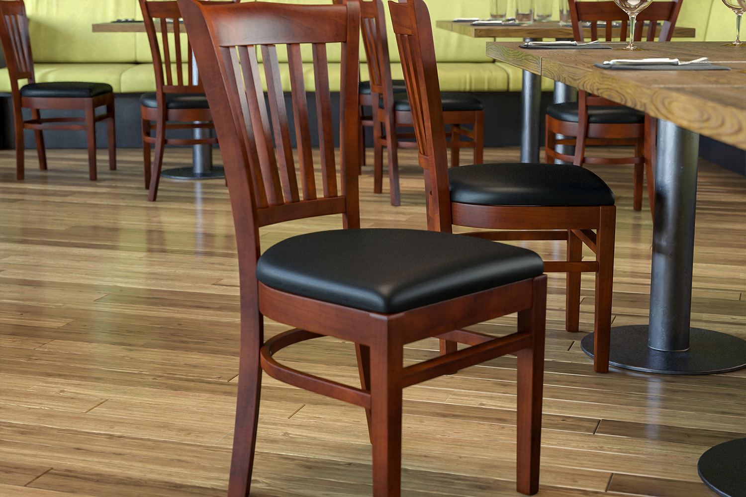 BLNK HERCULES Series Mahogany Wood Vertical Slat Back Restaurant Chair with Vinyl Seat