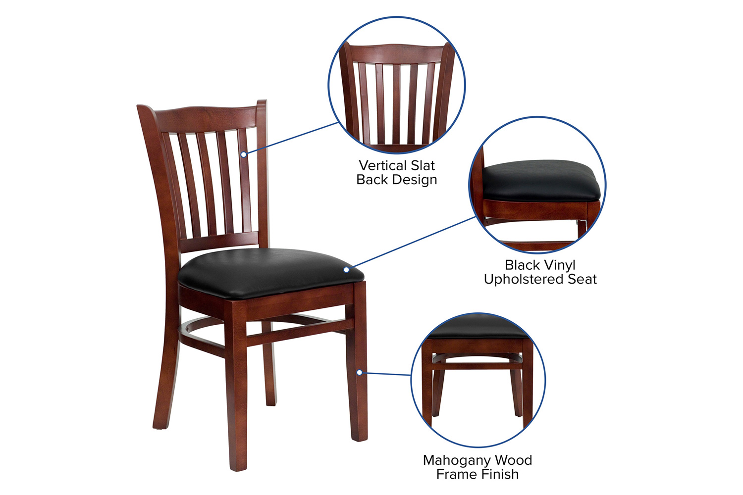 BLNK HERCULES Series Mahogany Wood Vertical Slat Back Restaurant Chair with Vinyl Seat - Black