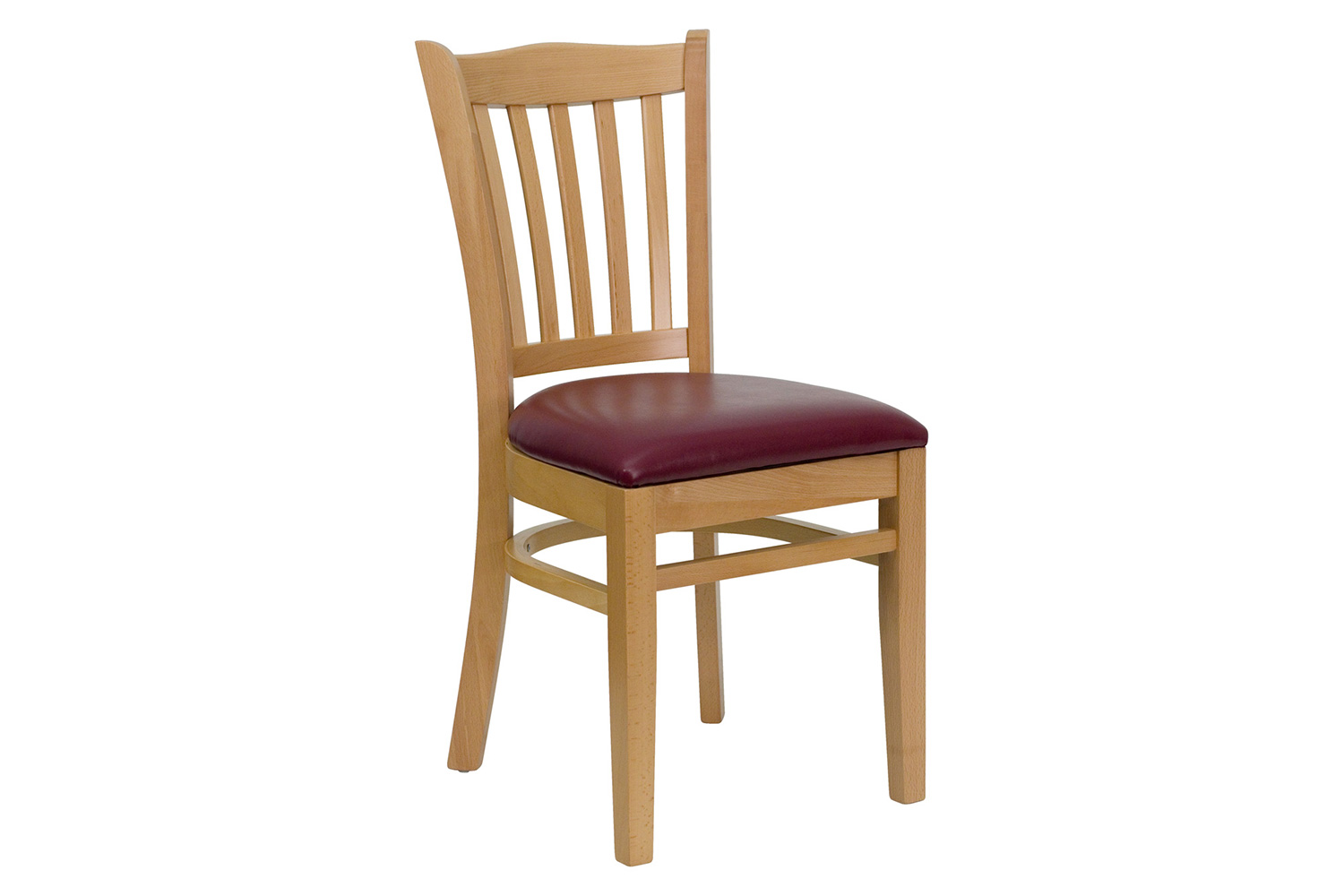 BLNK HERCULES Series Natural Wood Vertical Slat Back Restaurant Chair with Vinyl Seat - Burgundy