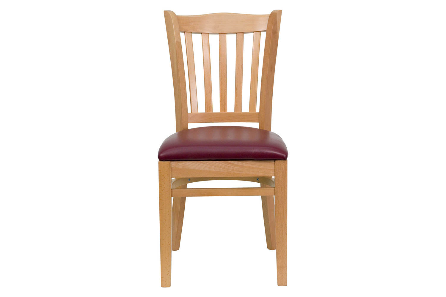 BLNK HERCULES Series Natural Wood Vertical Slat Back Restaurant Chair with Vinyl Seat - Burgundy