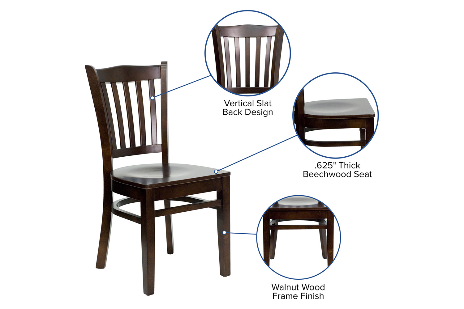 BLNK HERCULES Series Wood Vertical Slat Back Restaurant Chair - Walnut