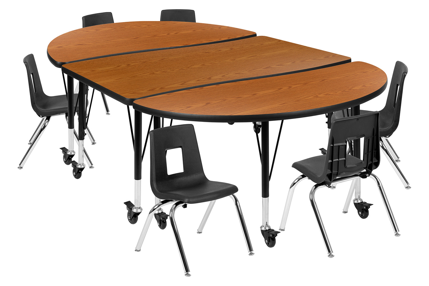 BLNK™ Emmy Mobile Oval Thermal Laminate Wave Flexible Activity Table Set - Oak, 76"L, with 12" Student Stack Chairs