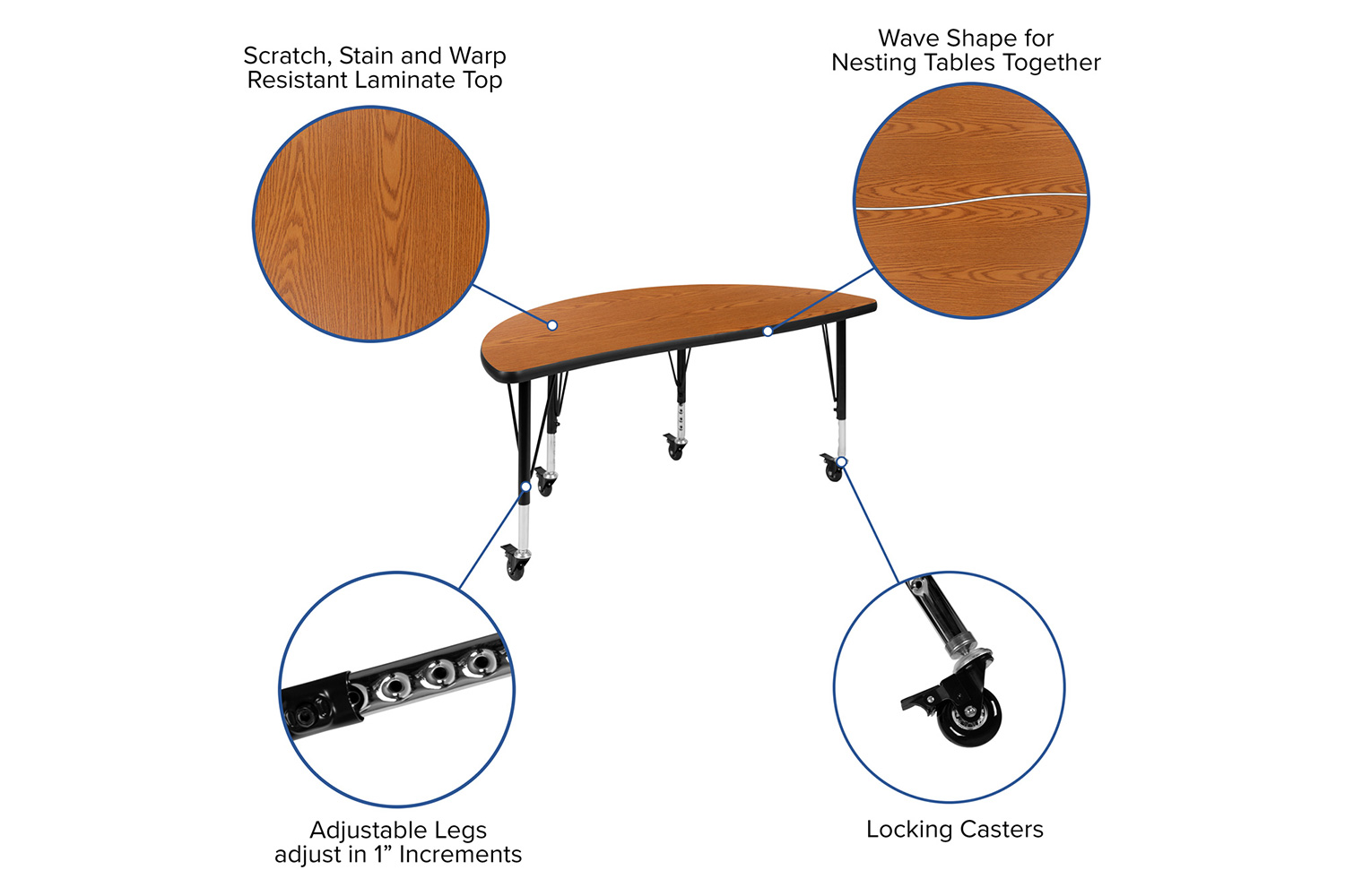 BLNK™ Emmy Mobile Oval Thermal Laminate Wave Flexible Activity Table Set - Oak, 76"L, with 12" Student Stack Chairs