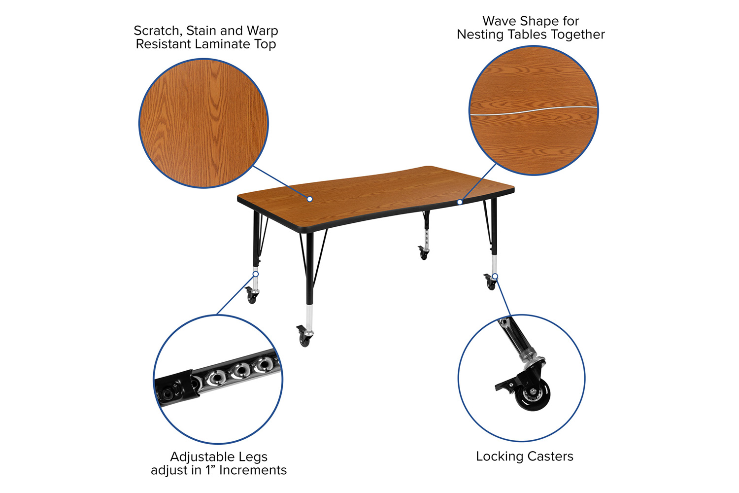 BLNK™ Emmy Mobile Oval Thermal Laminate Wave Flexible Activity Table Set - Oak, 76"L, with 12" Student Stack Chairs