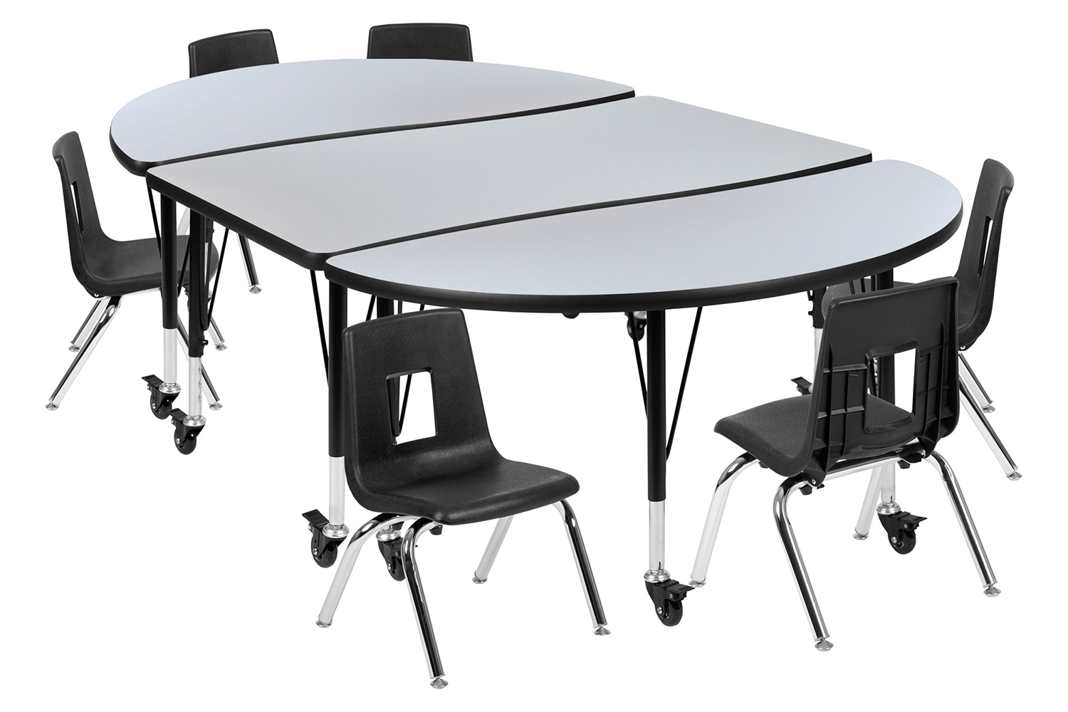 BLNK Emmy Mobile Oval Thermal Laminate Wave Flexible Activity Table Set - Gray, 76"L, with 14" Student Stack Chairs