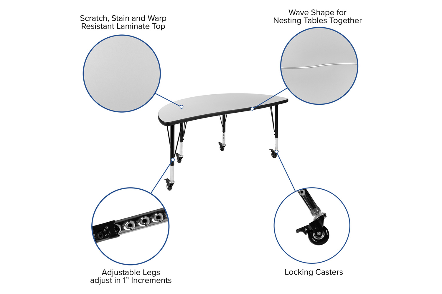 BLNK Emmy Mobile Oval Thermal Laminate Wave Flexible Activity Table Set - Gray, 76"L, with 14" Student Stack Chairs