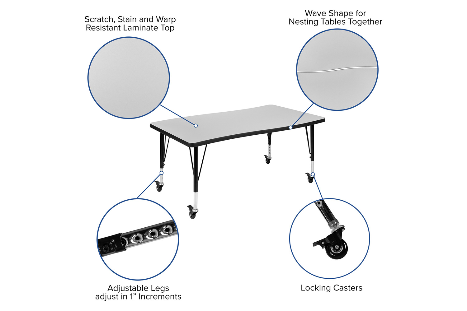 BLNK Emmy Mobile Oval Thermal Laminate Wave Flexible Activity Table Set - Gray, 76"L, with 14" Student Stack Chairs