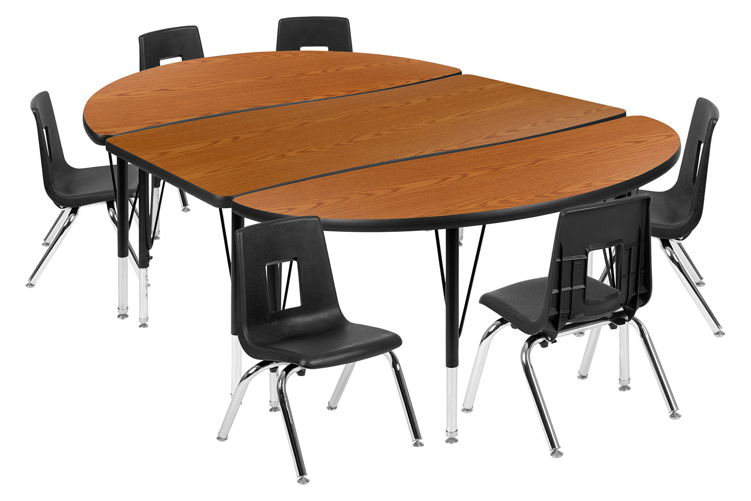 BLNK Emmy Oval Thermal Laminate Wave Flexible Activity Table Set with Chairs - Oak, 76"L, with 14" Student Stack Chairs