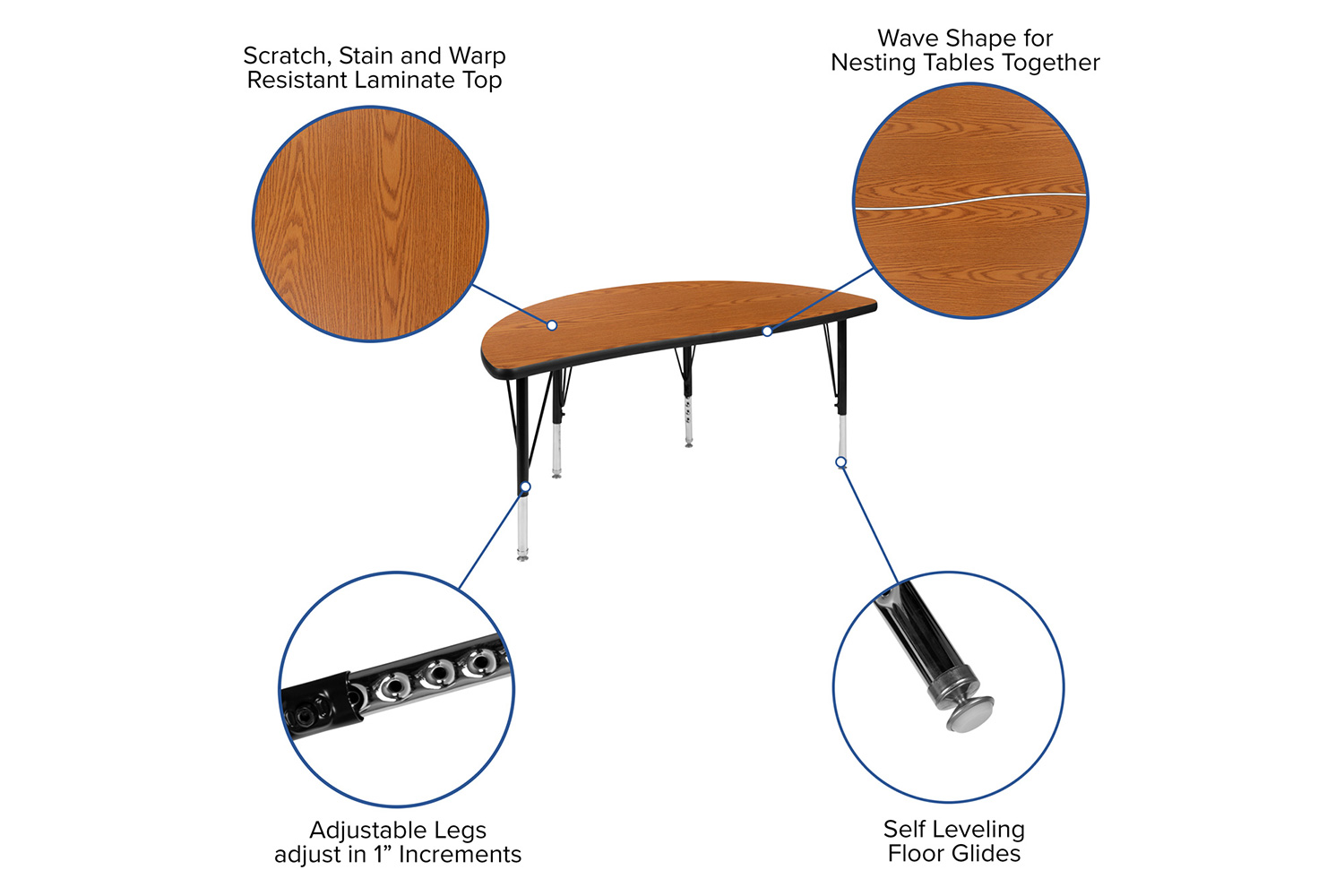 BLNK Emmy Oval Thermal Laminate Wave Flexible Activity Table Set with Chairs - Oak, 76"L, with 14" Student Stack Chairs