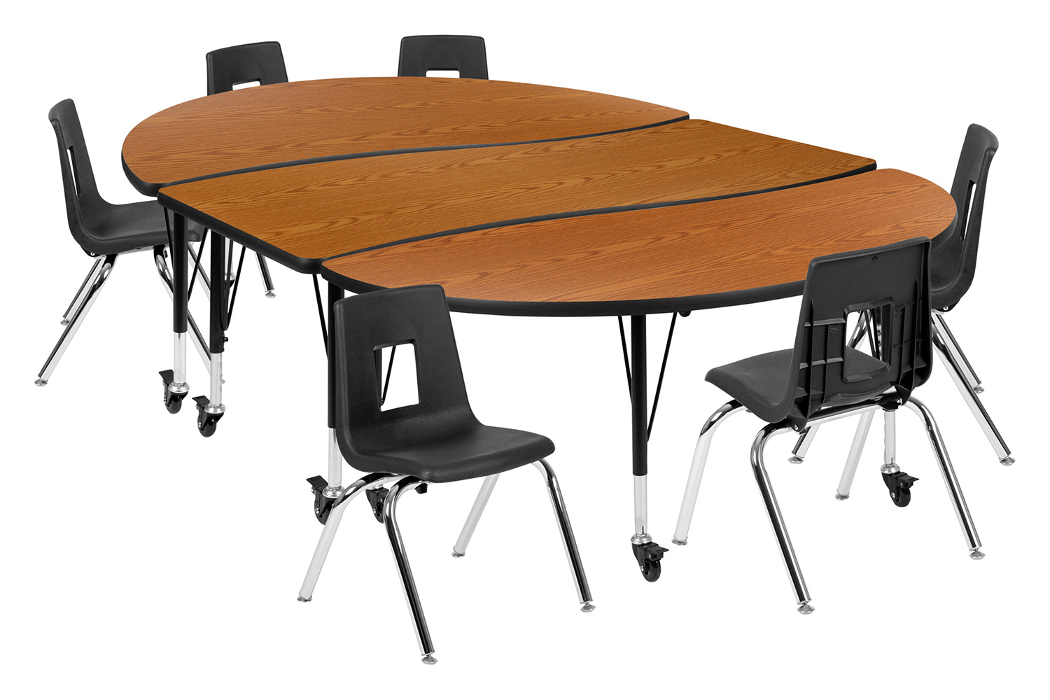 BLNK Emmy Mobile Oval Thermal Laminate Wave Flexible Activity Table Set - Oak, 86"L, with 14" Student Stack Chairs