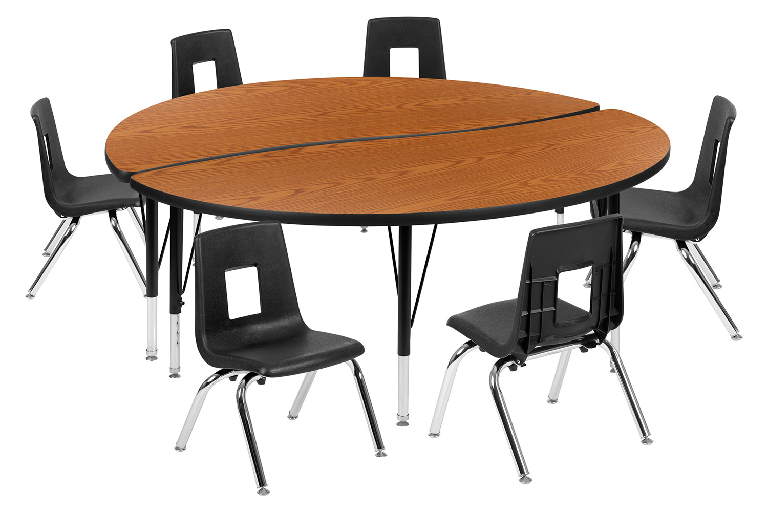 BLNK Emmy Circle Thermal Laminate Wave Flexible Activity Table Set - Oak, 60"D, with 14" Student Stack Chairs