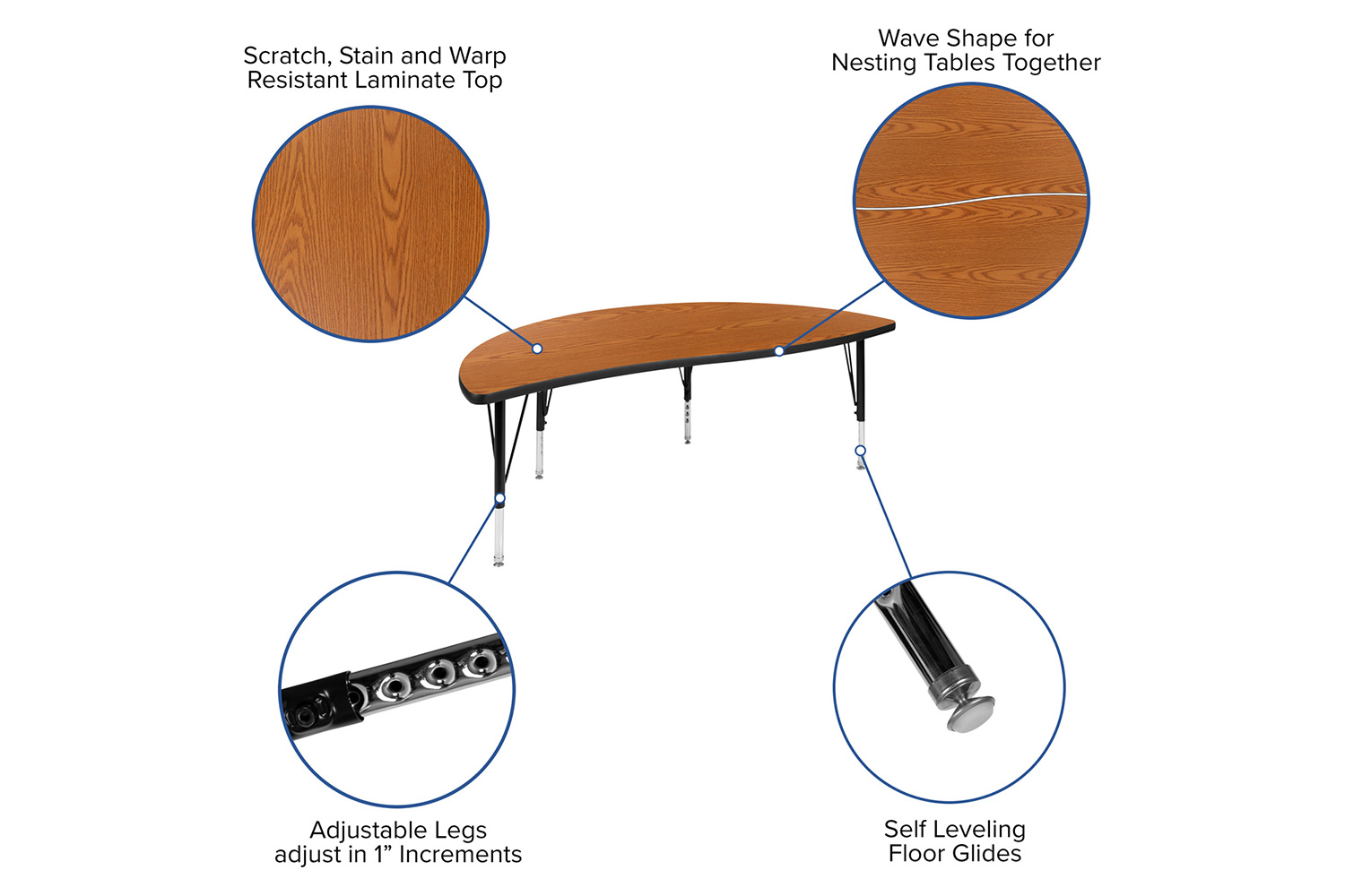 BLNK Emmy Circle Thermal Laminate Wave Flexible Activity Table Set - Oak, 60"D, with 14" Student Stack Chairs