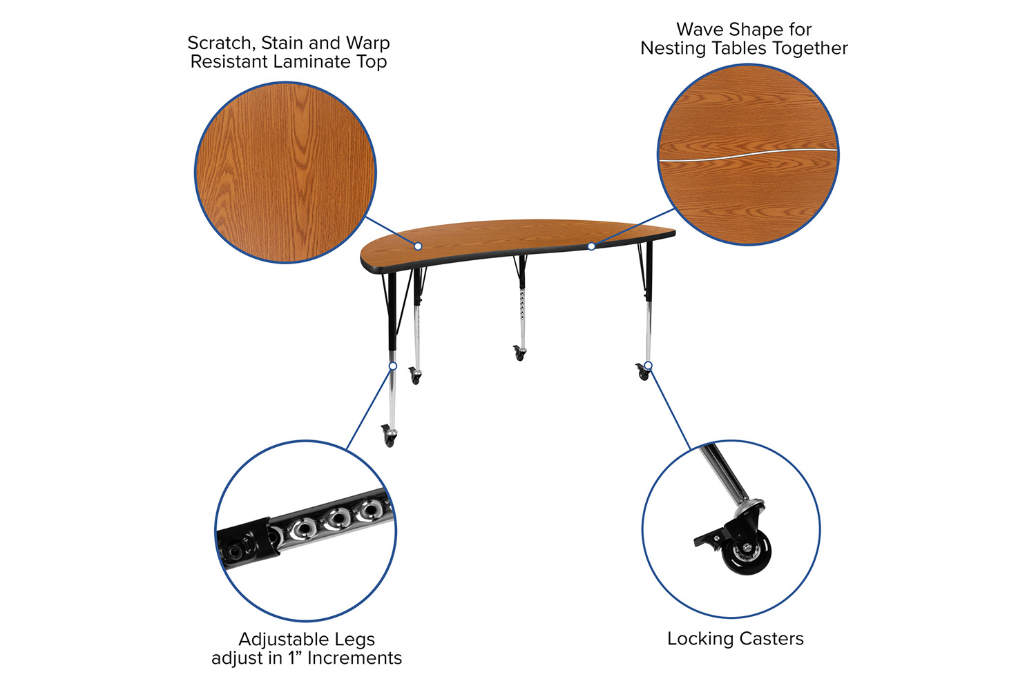 BLNK Emmy Mobile Oval Thermal Laminate Wave Flexible Activity Table Set - Oak, 86"L, with 16" Student Stack Chairs