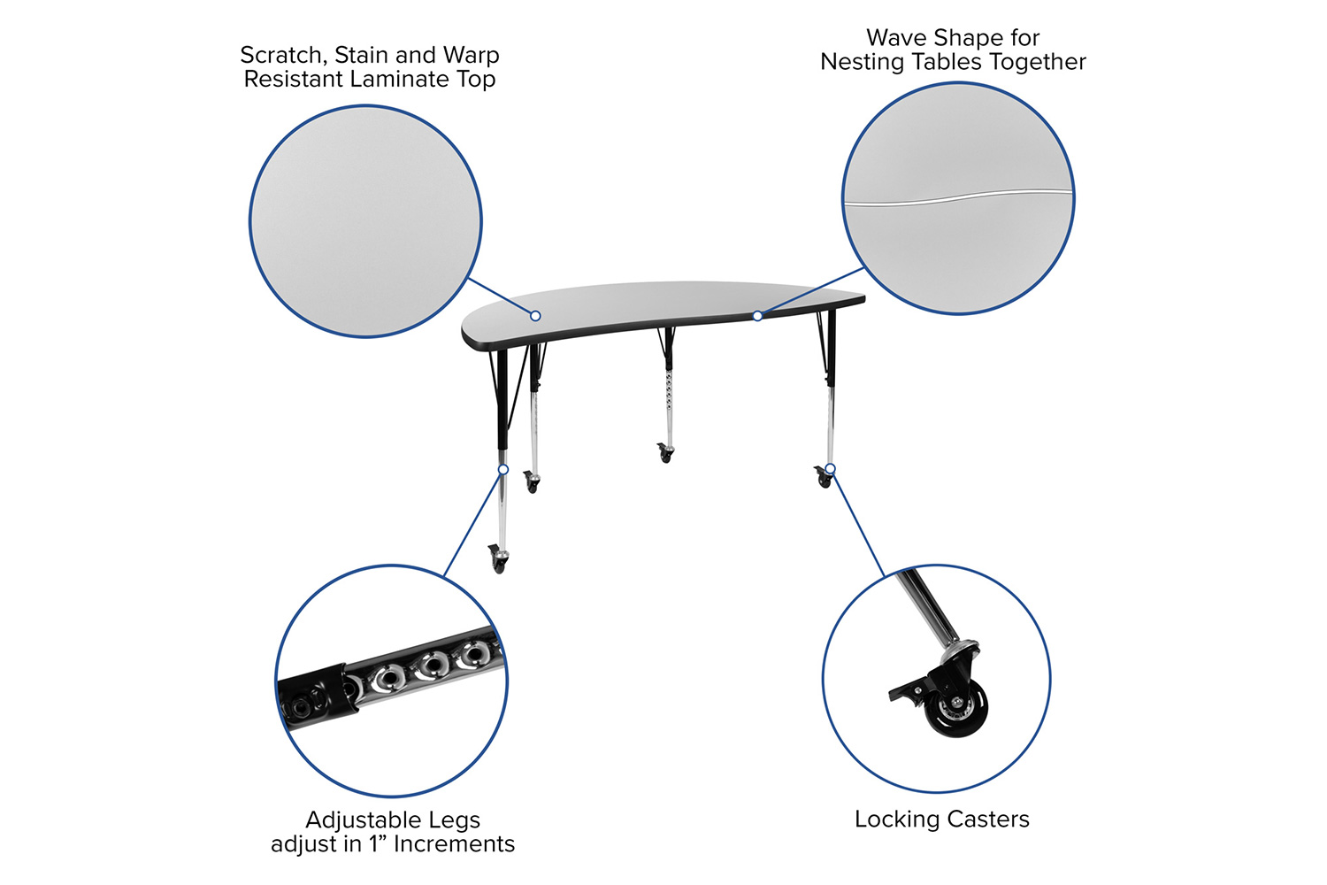 BLNK™ Emmy Mobile Circle Thermal Laminate Wave Flexible Activity Table Set - Gray, 60"D, with 16" Student Stack Chairs