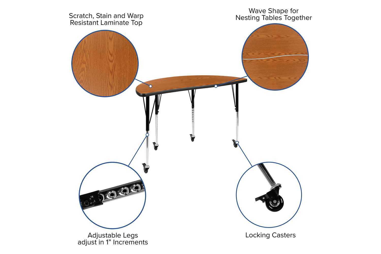 BLNK Emmy Mobile Oval Thermal Laminate Wave Flexible Activity Table Set - Oak, 76"L, with 18" Student Stack Chairs