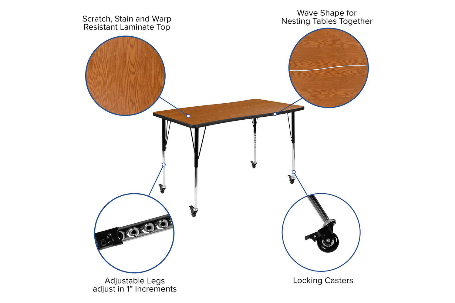 BLNK Emmy Mobile Oval Thermal Laminate Wave Flexible Activity Table Set - Oak, 76"L, with 18" Student Stack Chairs