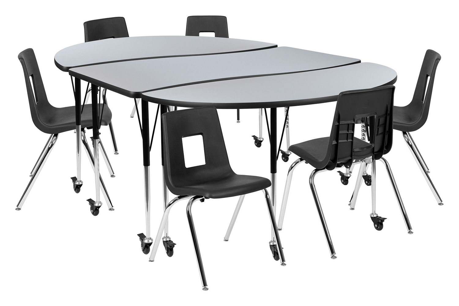 BLNK Emmy Mobile Oval Thermal Laminate Wave Flexible Activity Table Set - Gray, 86"L, with 18" Student Stack Chairs