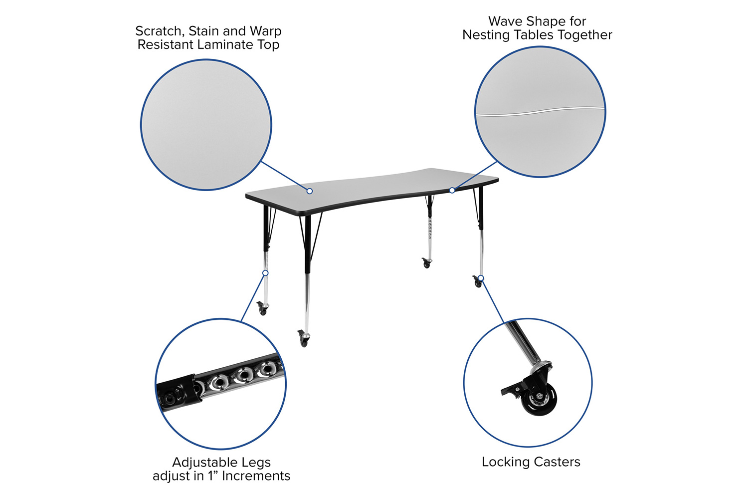 BLNK Emmy Mobile Oval Thermal Laminate Wave Flexible Activity Table Set - Gray, 86"L, with 18" Student Stack Chairs