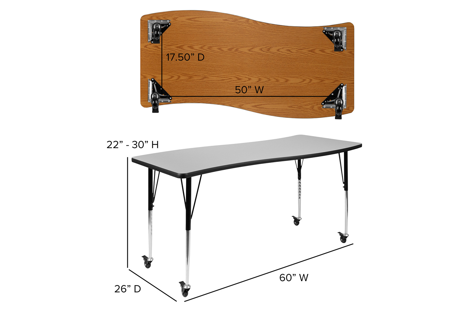 BLNK Emmy Mobile Oval Thermal Laminate Wave Flexible Activity Table Set - Gray, 86"L, with 18" Student Stack Chairs