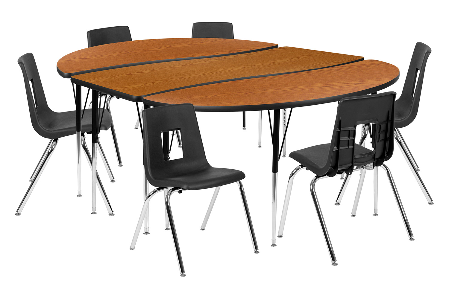 BLNK™ Emmy Oval Thermal Laminate Wave Flexible Activity Table Set with Chairs - Oak, 86"L, with 18" Student Stack Chairs