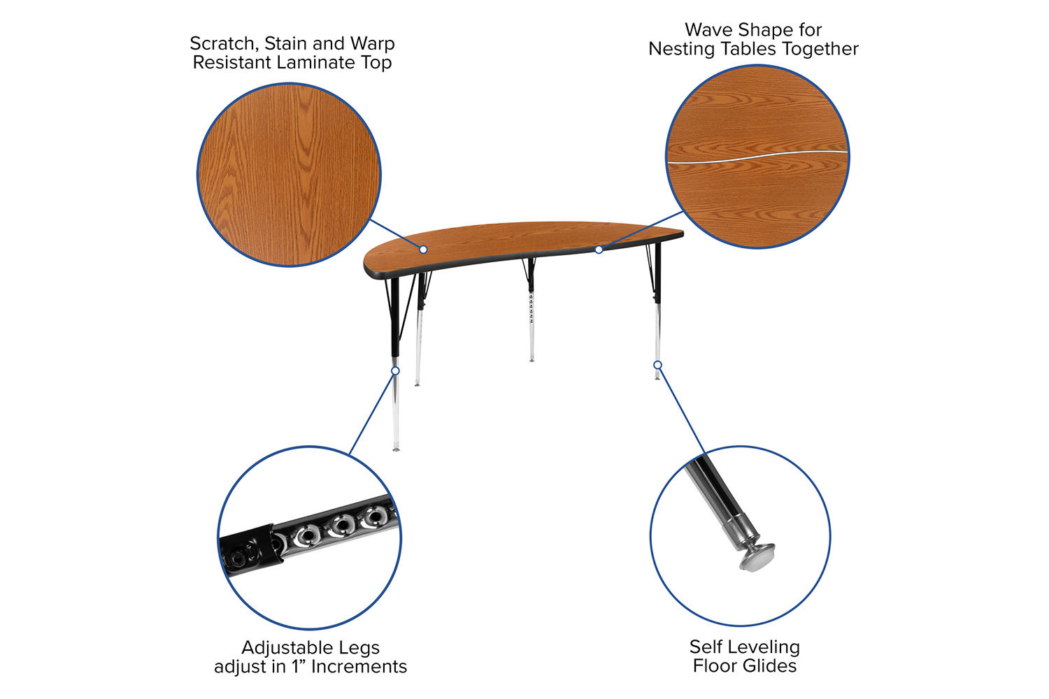 BLNK™ Emmy Oval Thermal Laminate Wave Flexible Activity Table Set with Chairs - Oak, 86"L, with 18" Student Stack Chairs