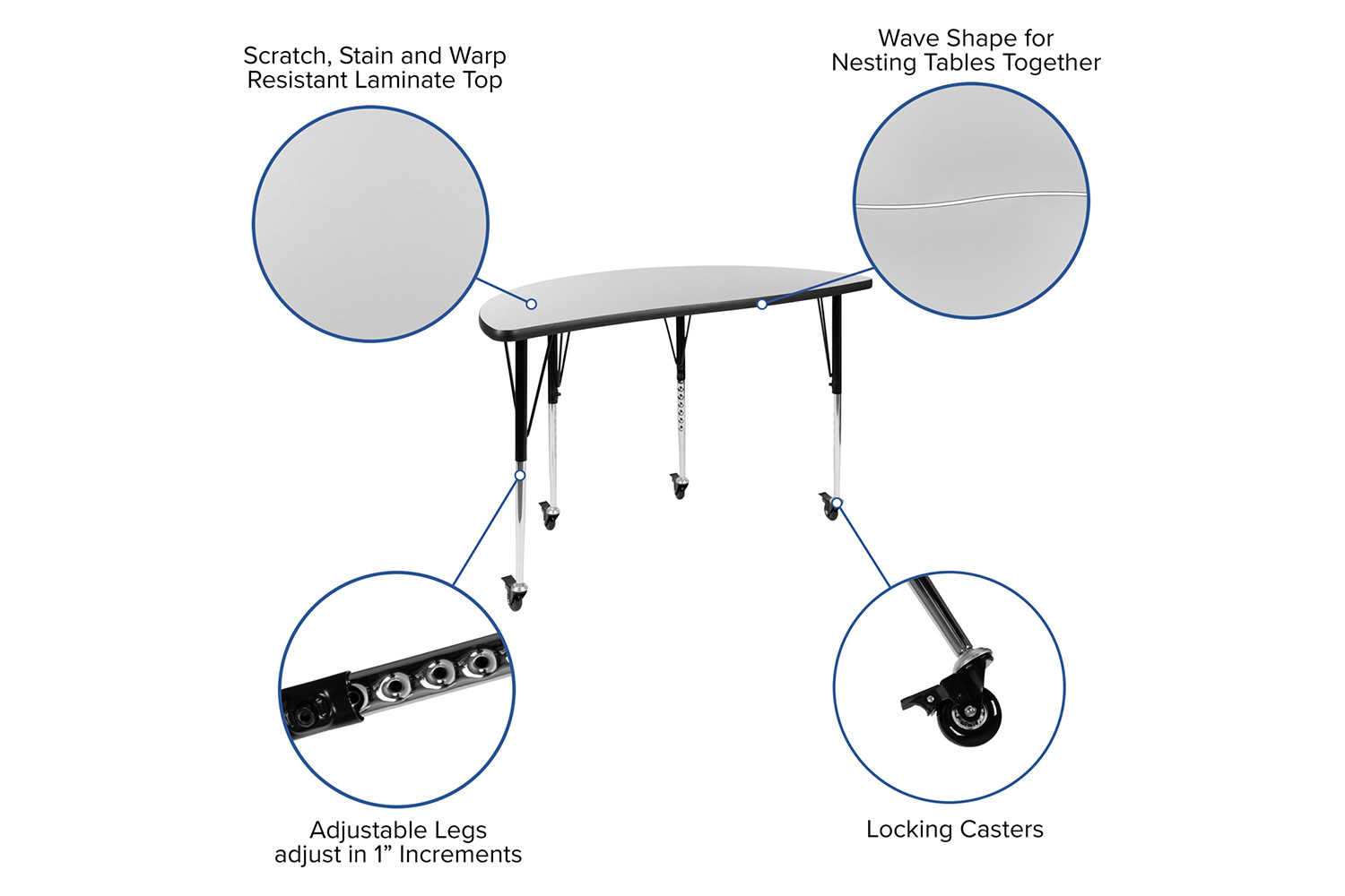 BLNK™ Emmy Mobile Oval Thermal Laminate Wave Flexible Activity Table Set 3 Piece - Gray, 76"L, with Standard Height Adjustable Legs