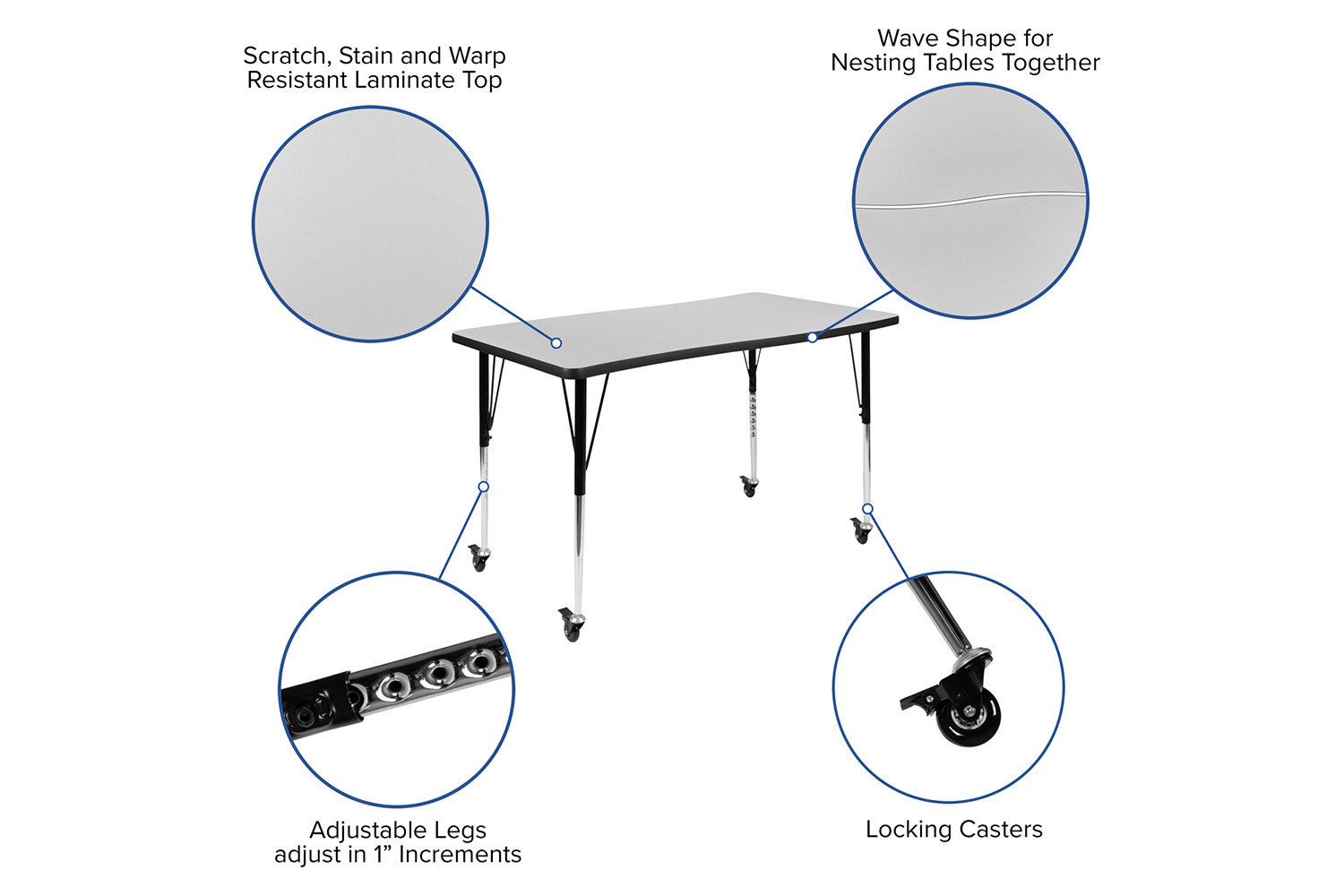 BLNK™ Emmy Mobile Oval Thermal Laminate Wave Flexible Activity Table Set 3 Piece - Gray, 76"L, with Standard Height Adjustable Legs