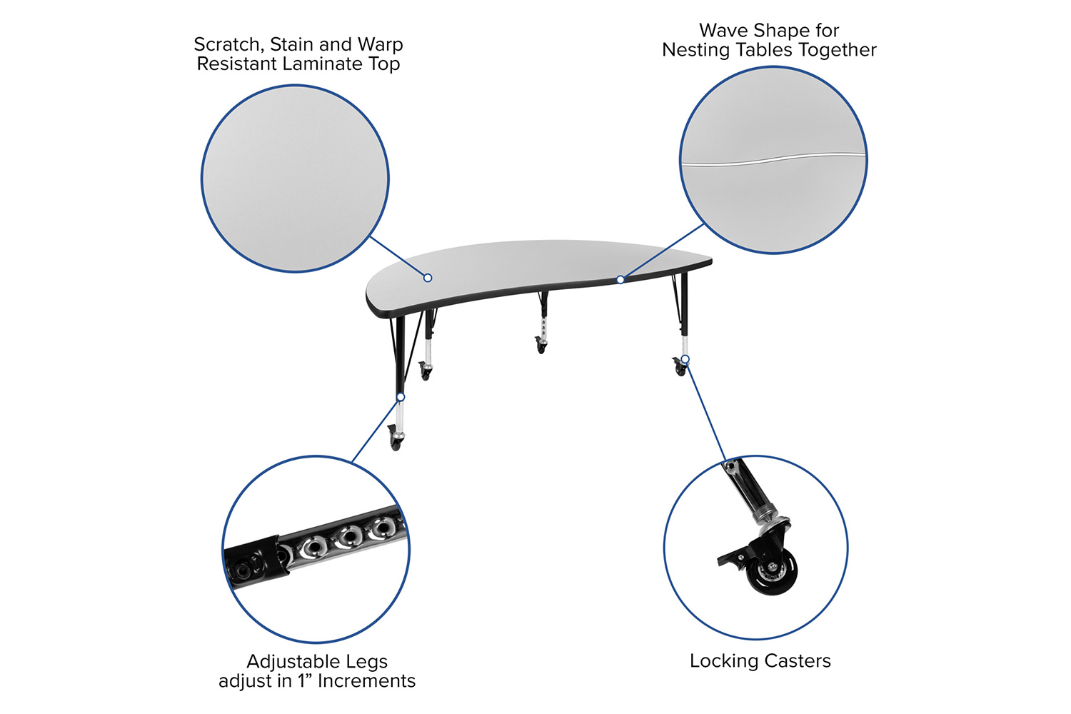 BLNK Emmy Mobile Circle Thermal Laminate Wave Flexible Kids Adjustable Activity Table Set 2 Piece - Gray, 60"D, with Short Height Adjustable Legs