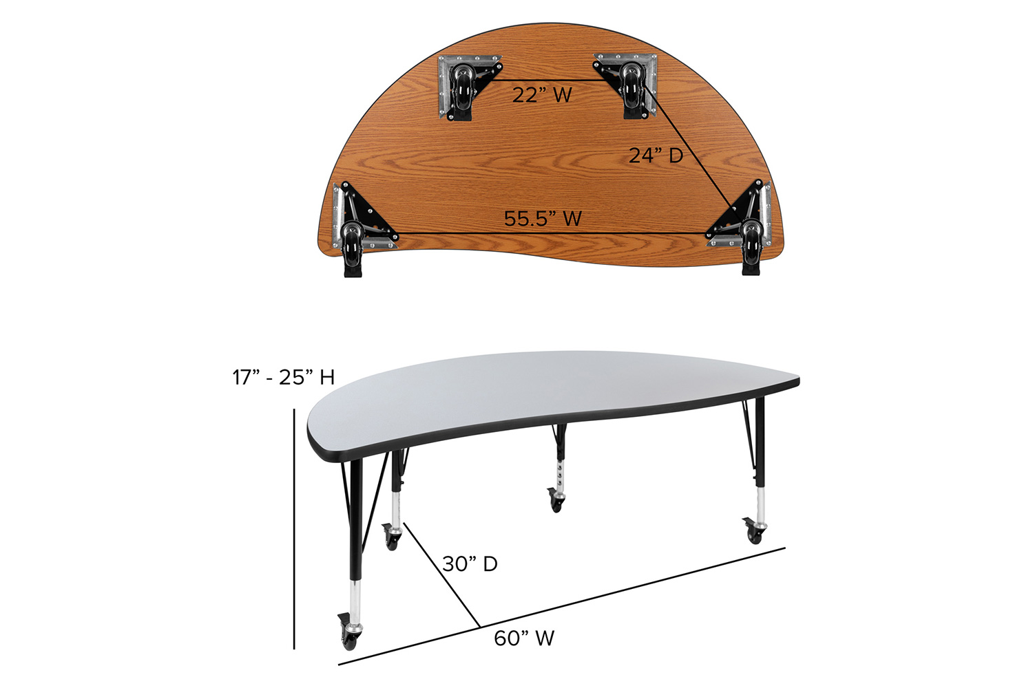 BLNK Emmy Mobile Circle Thermal Laminate Wave Flexible Kids Adjustable Activity Table Set 2 Piece - Gray, 60"D, with Short Height Adjustable Legs