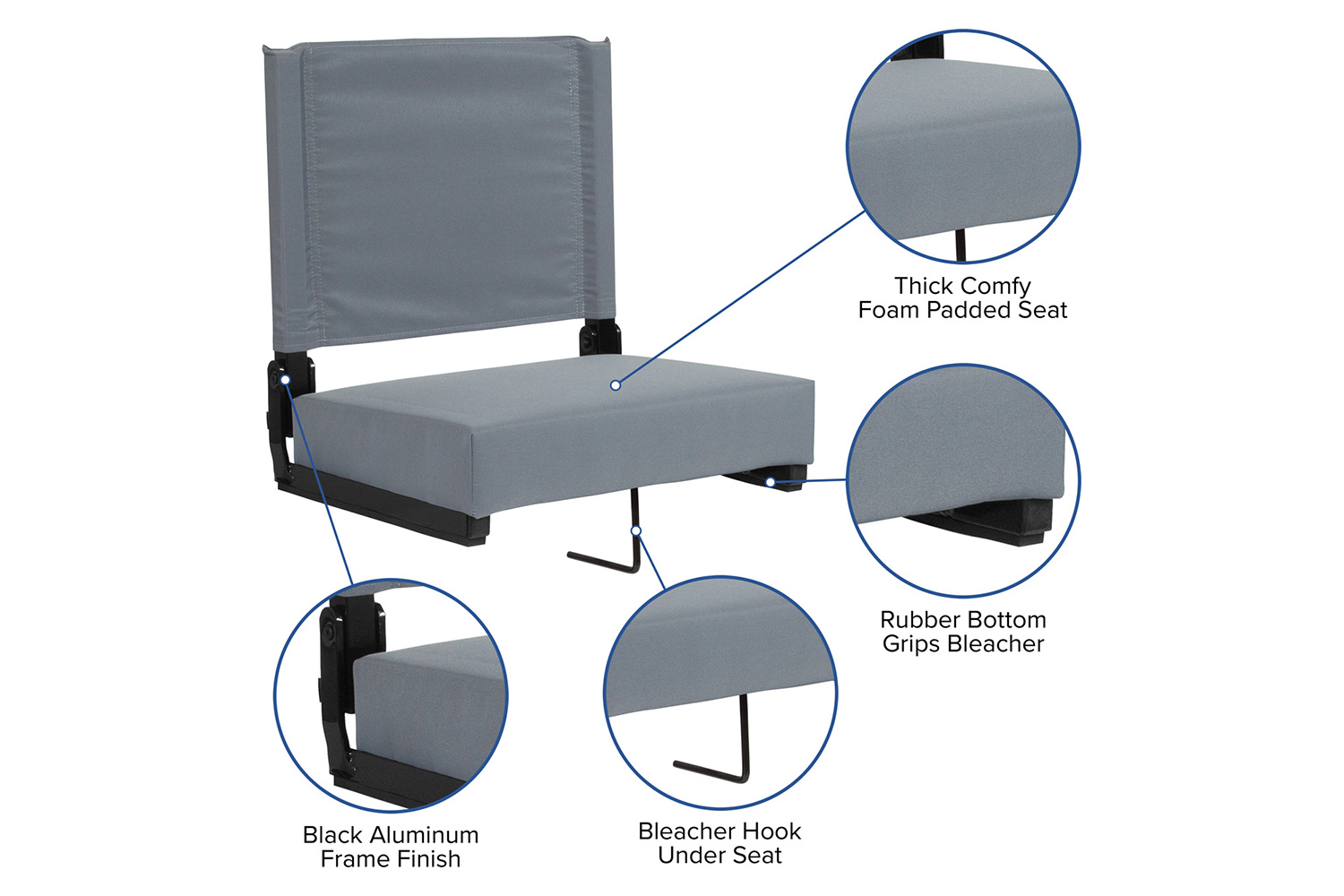 BLNK Grandstand Comfort Lightweight Stadium Chair with Handle and Ultra-Padded Seat - Gray