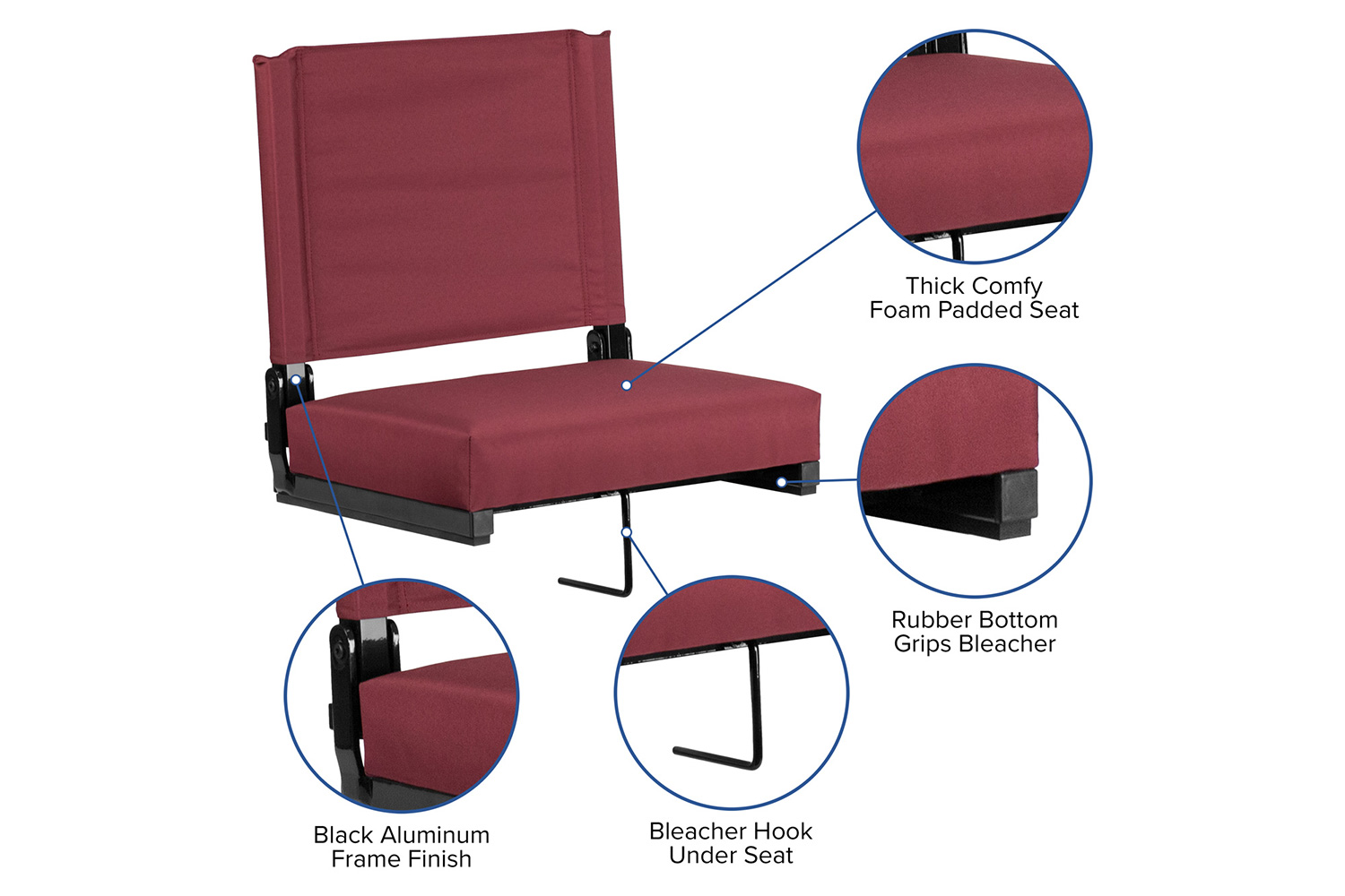 BLNK Grandstand Comfort Lightweight Stadium Chair with Handle and Ultra-Padded Seat - Maroon