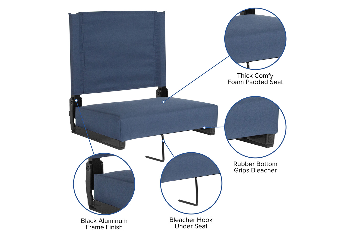 BLNK Grandstand Comfort Lightweight Stadium Chair with Handle and Ultra-Padded Seat - Navy Blue