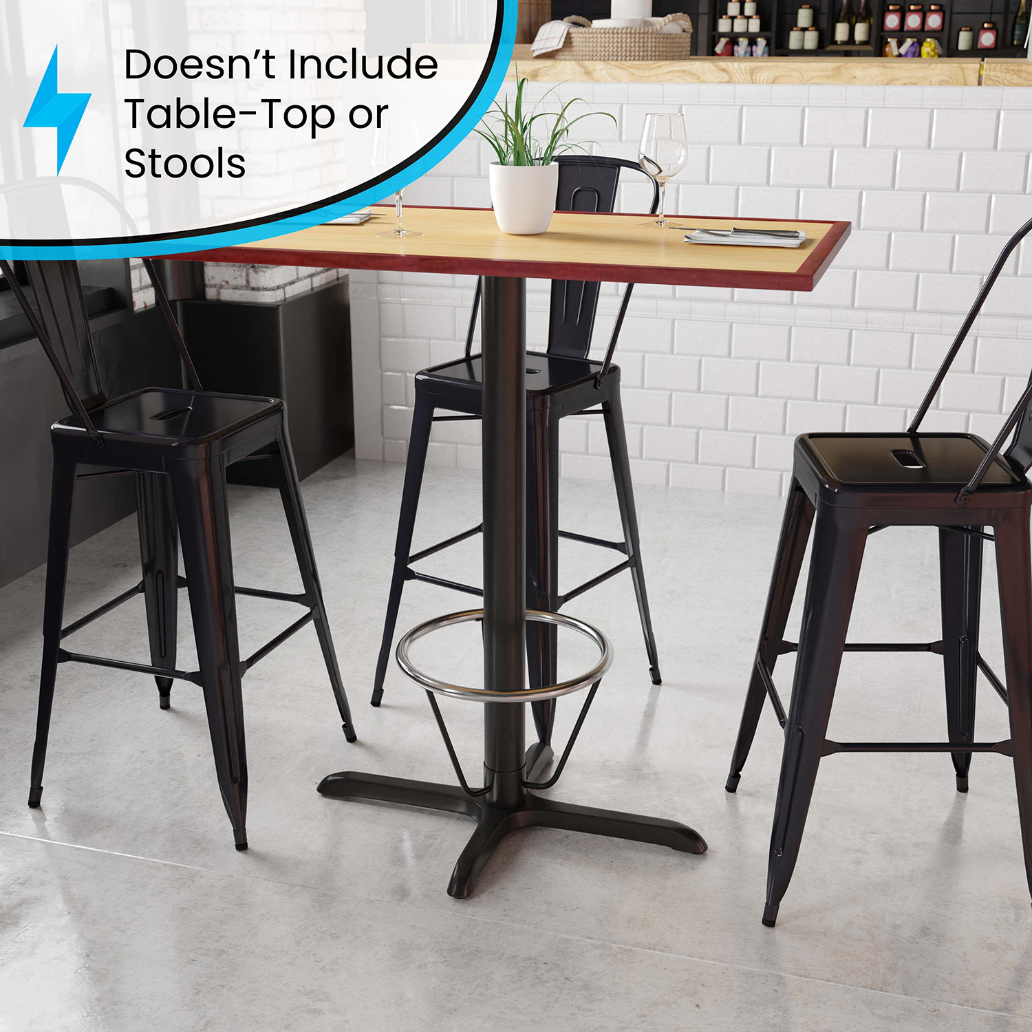 BLNK Beverly Restaurant Table X-Base with Bar Height Column and Foot Ring - 23.5"W x 29.5"L