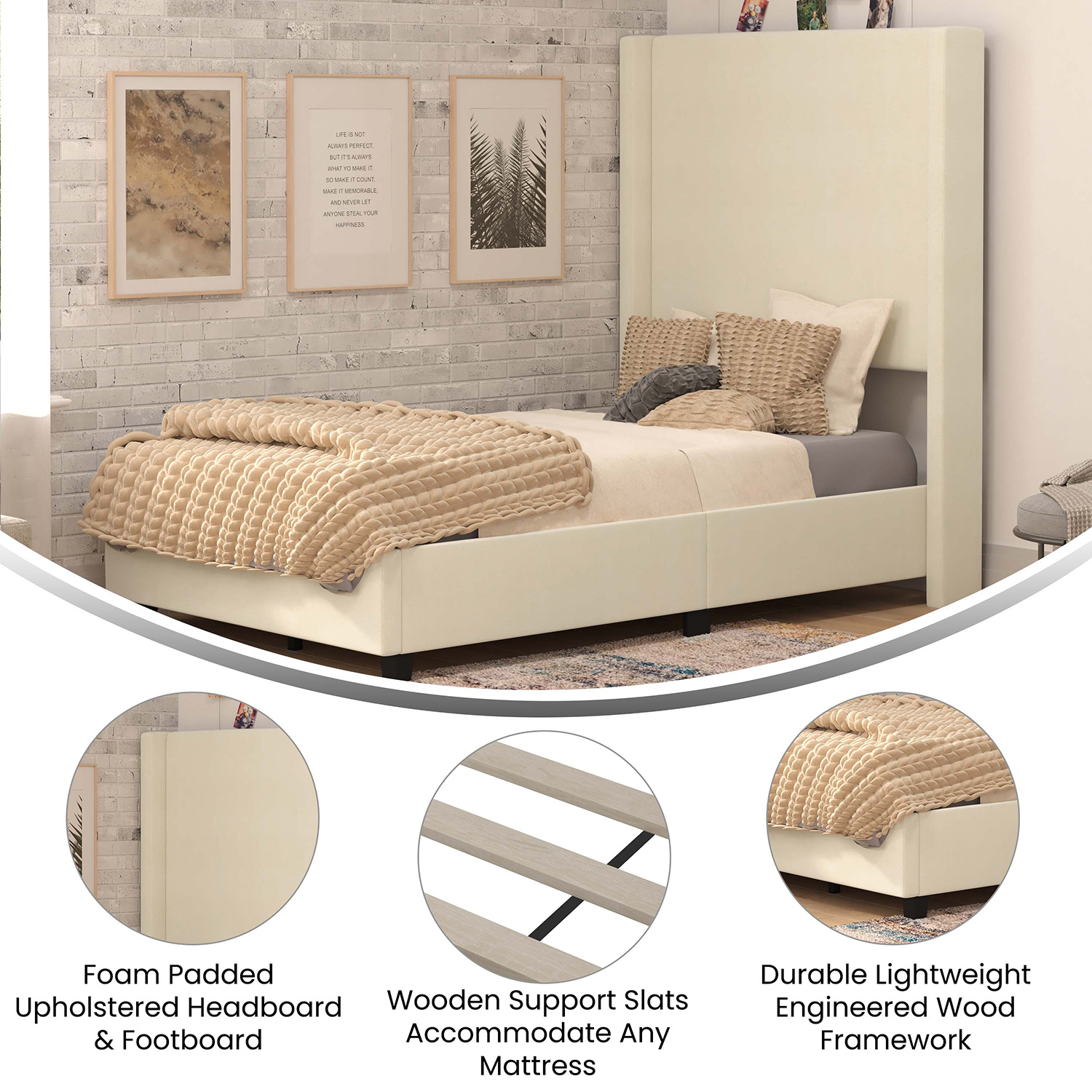 BLNK Quinn Upholstered Platform Bed with Channel Stitched Wingback Headboard - Beige, Twin Size