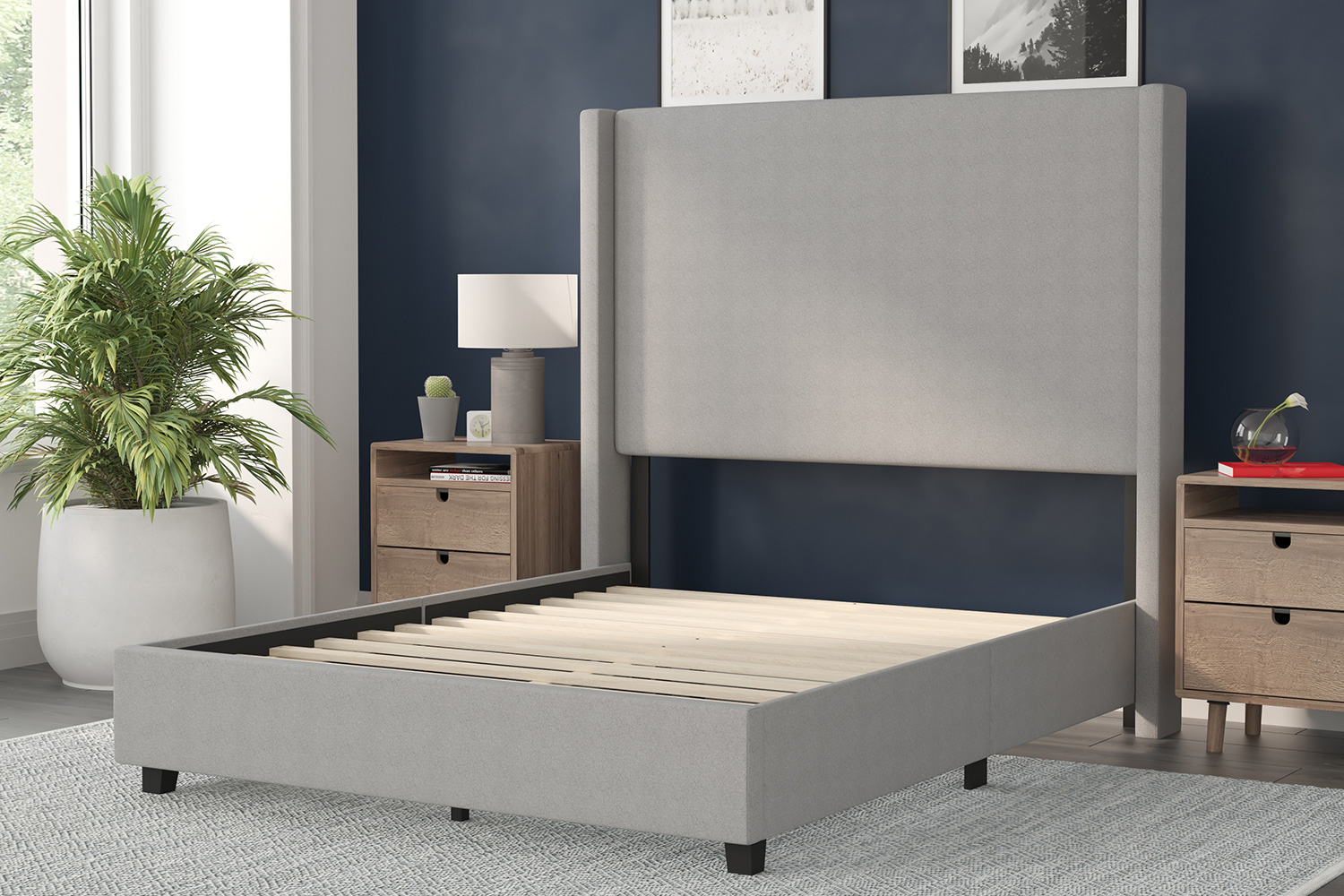 BLNK Quinn Upholstered Platform Bed with Channel Stitched Wingback Headboard - Gray, Full Size