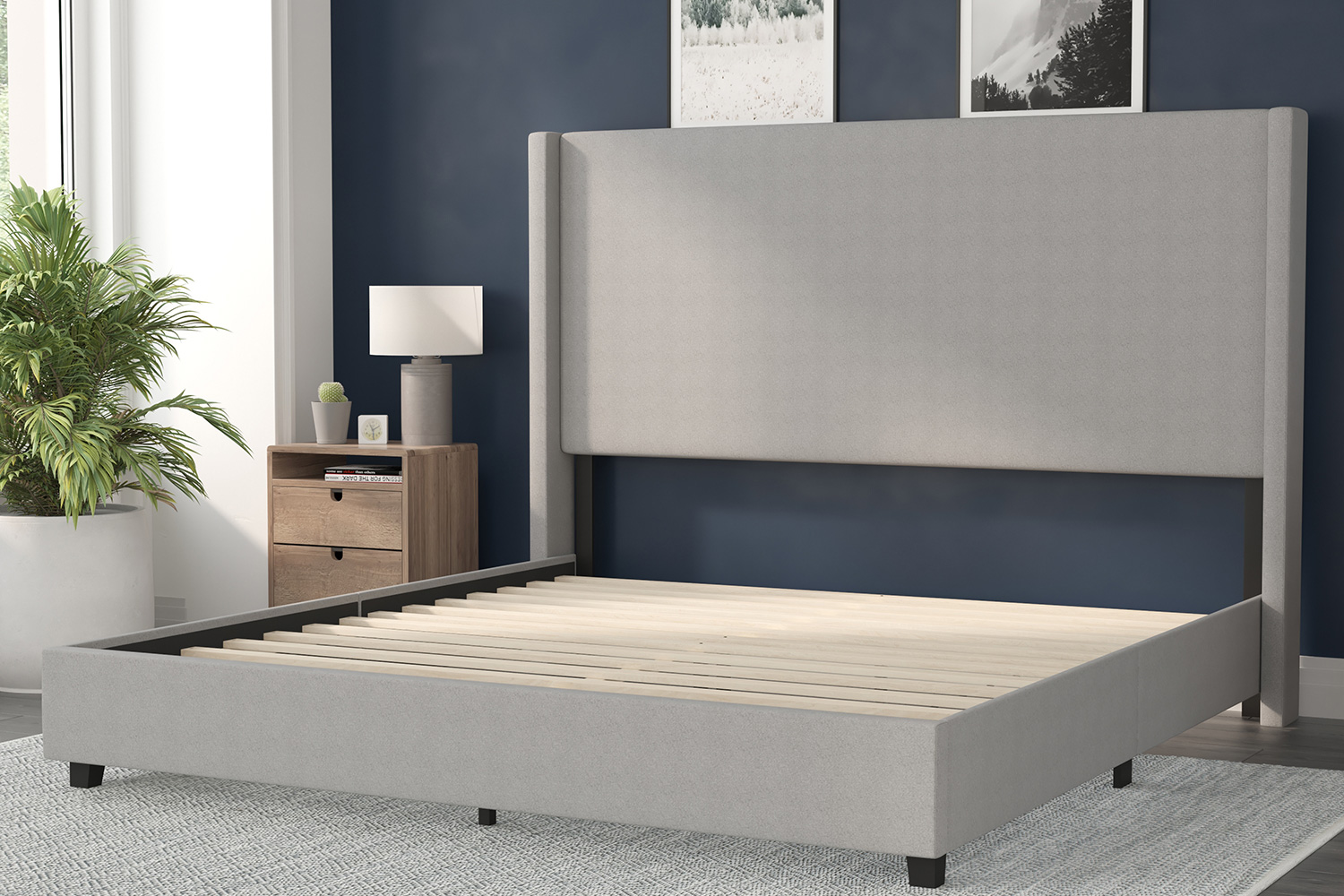 BLNK Quinn Upholstered Platform Bed with Channel Stitched Wingback Headboard - Gray, King Size