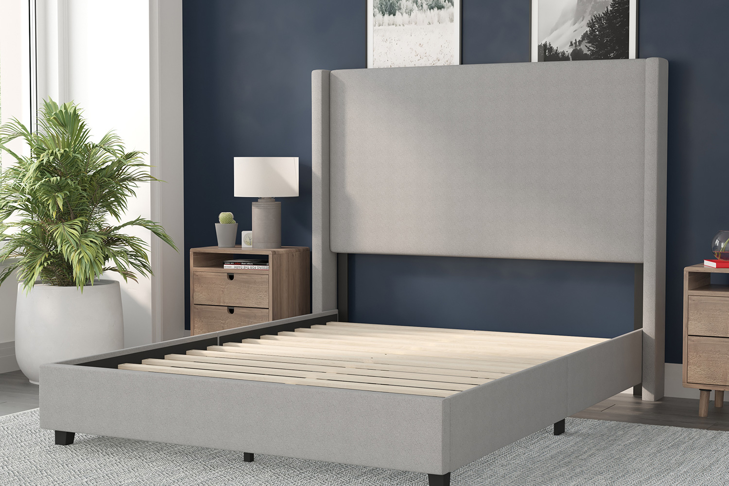 BLNK Quinn Upholstered Platform Bed with Channel Stitched Wingback Headboard - Gray, Queen Size