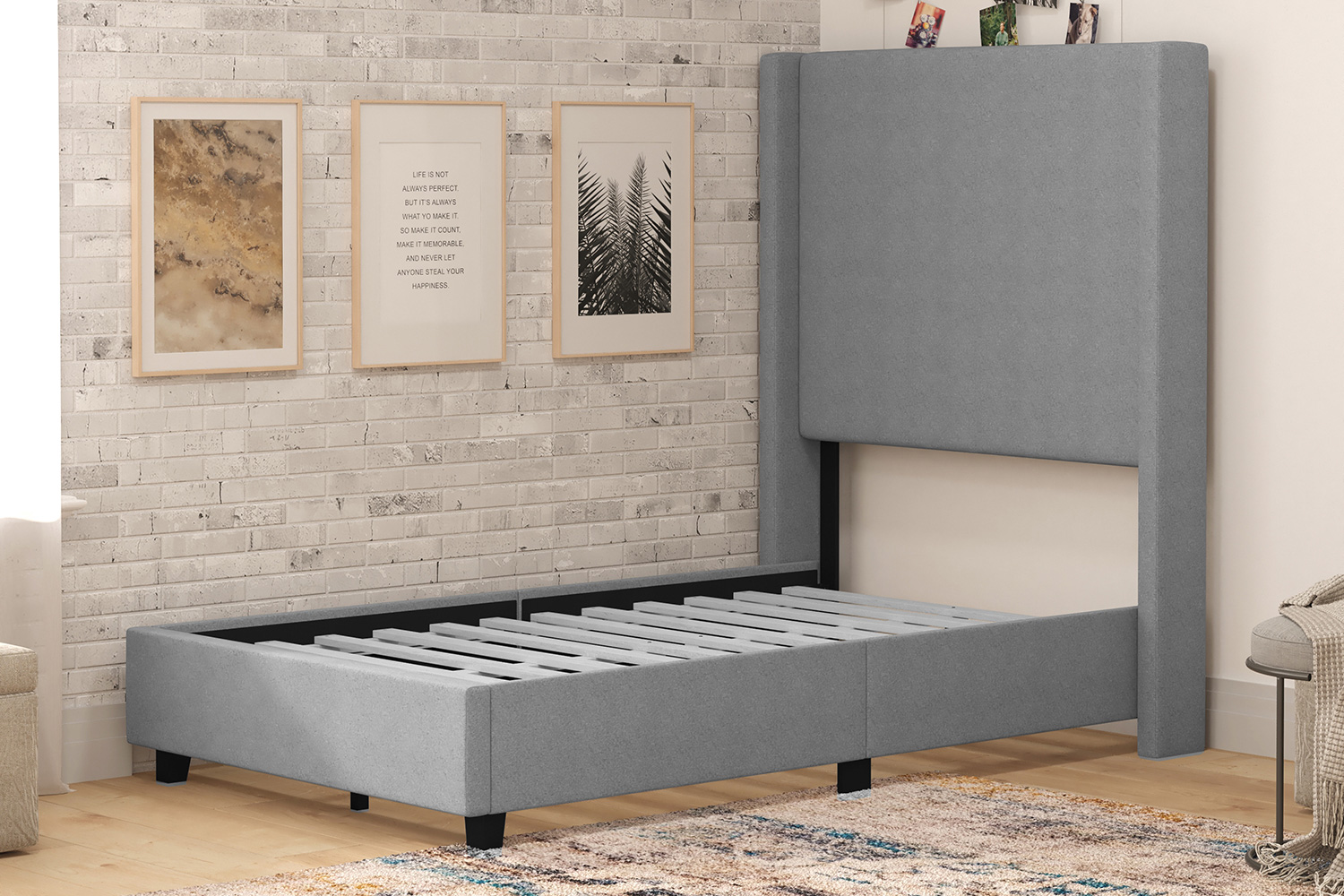 BLNK Quinn Upholstered Platform Bed with Channel Stitched Wingback Headboard - Gray, Twin Size