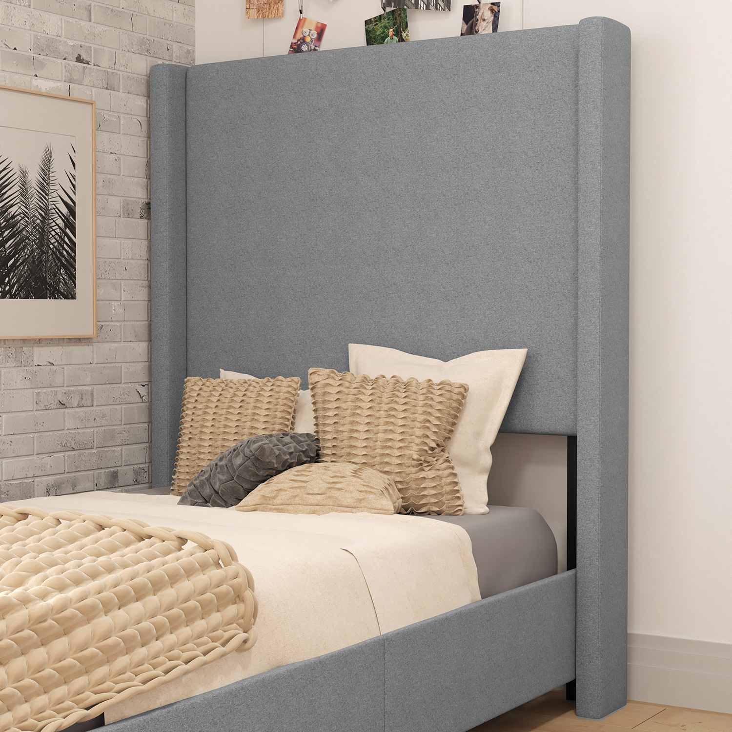 BLNK Quinn Upholstered Platform Bed with Channel Stitched Wingback Headboard - Gray, Twin Size