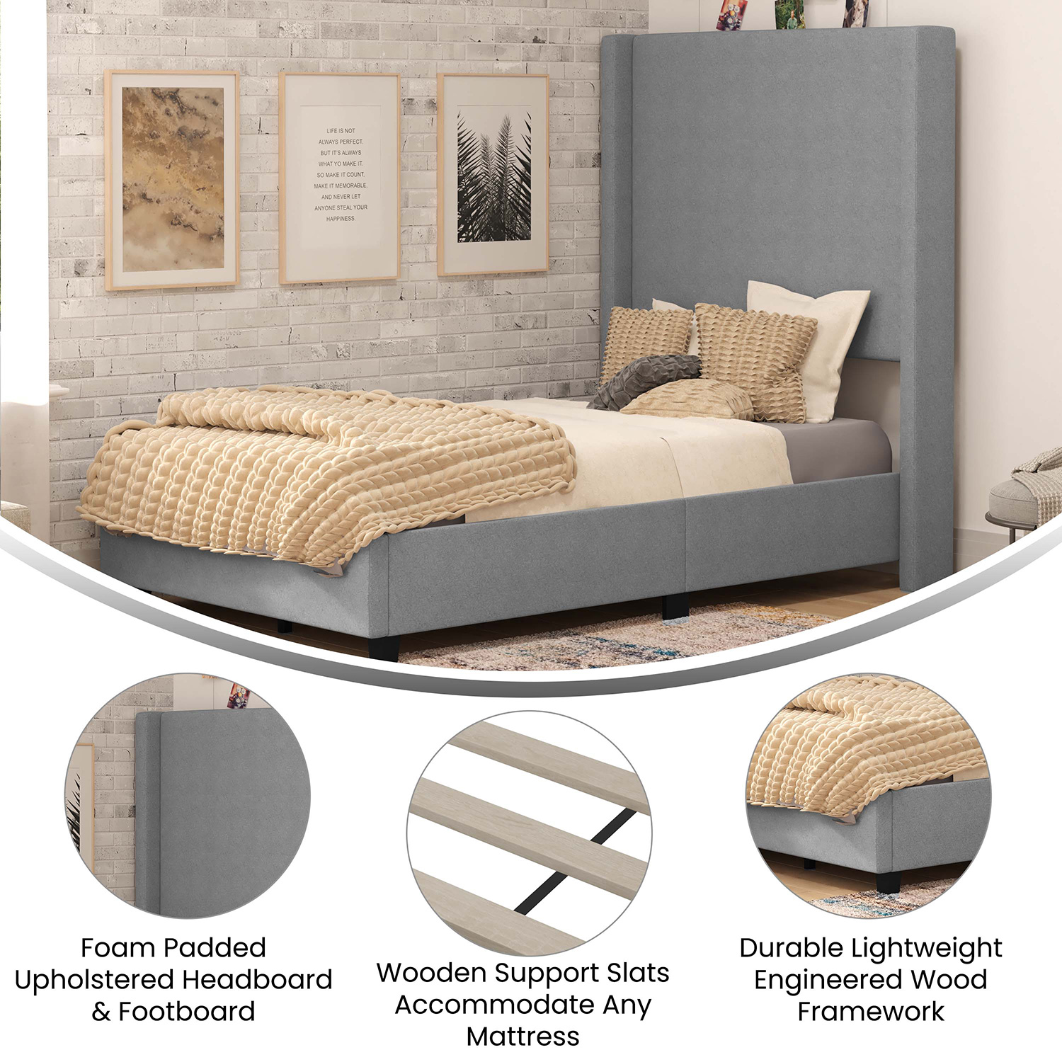 BLNK Quinn Upholstered Platform Bed with Channel Stitched Wingback Headboard - Gray, Twin Size