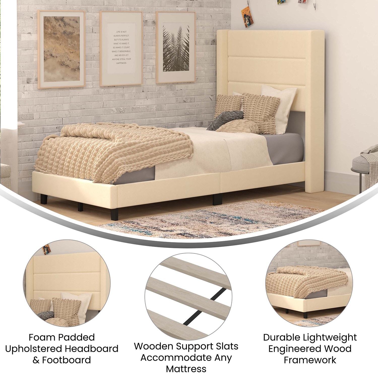 BLNK™ Hollis Upholstered Platform Bed with Wingback Headboard - Beige, Twin Size